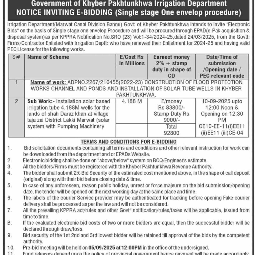 Khyber Pakhtunkhwa Irrigation Department E-Bidding Tender 2025 – Solar Tube Wells & Flood Protection Works (Marwat Canal Division Bannu