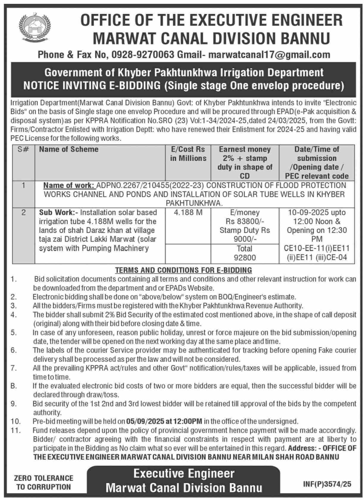 Khyber Pakhtunkhwa Irrigation Department E-Bidding Tender 2025 – Solar Tube Wells & Flood Protection Works (Marwat Canal Division Bannu